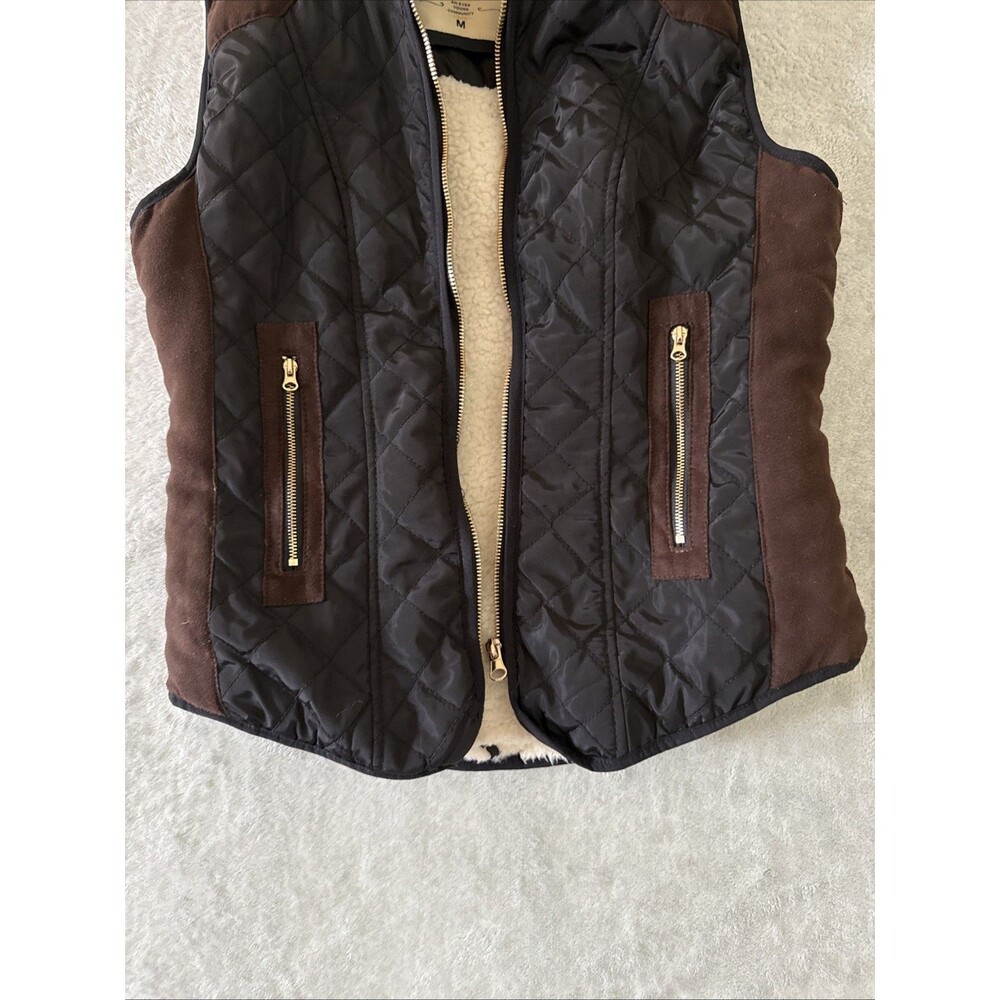 Padded Hooded Wind Resistant Cozy Zip Vest Black Cream Fleece Young Sz M Ci Sono - Picture 9 of 16